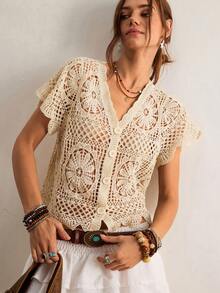 Freevana 女士纯色V领镂空刺绣休闲短袖开衫 - 杏色 - 查看 3