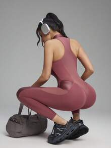 Innovista Women's Patchwork Fabric Half-Zip Front Racerback Breathable Shapewear Jumpsuit - Red Orange - View 1