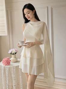 Modelyn Classic Elegant Sleeveless Shawl Collar Mini Dress For Women - Apricot - View 6