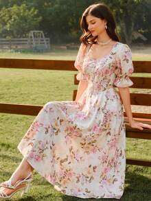 Vintamour 复古优雅女士连衣裙，带口袋，玫瑰碎花撞色滚边纽扣，休闲度假连衣裙，夏季女装，夏季度假装，春季女装，春季连衣裙，春季服装，春假装，春季女装，优雅派对连衣裙，优雅派对连衣裙，婚礼宾客连衣裙，婚礼派对连衣裙，毕业礼服，优雅典礼连衣裙，优雅女士连衣裙，正式礼服 - 粉色 - 查看 5