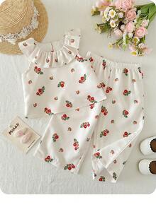 SHEIN LMoss Kids 女宝宝夏季度假可爱碎花荷叶边无袖上衣和松紧腰裤套装 - 卡其色 - 查看 5