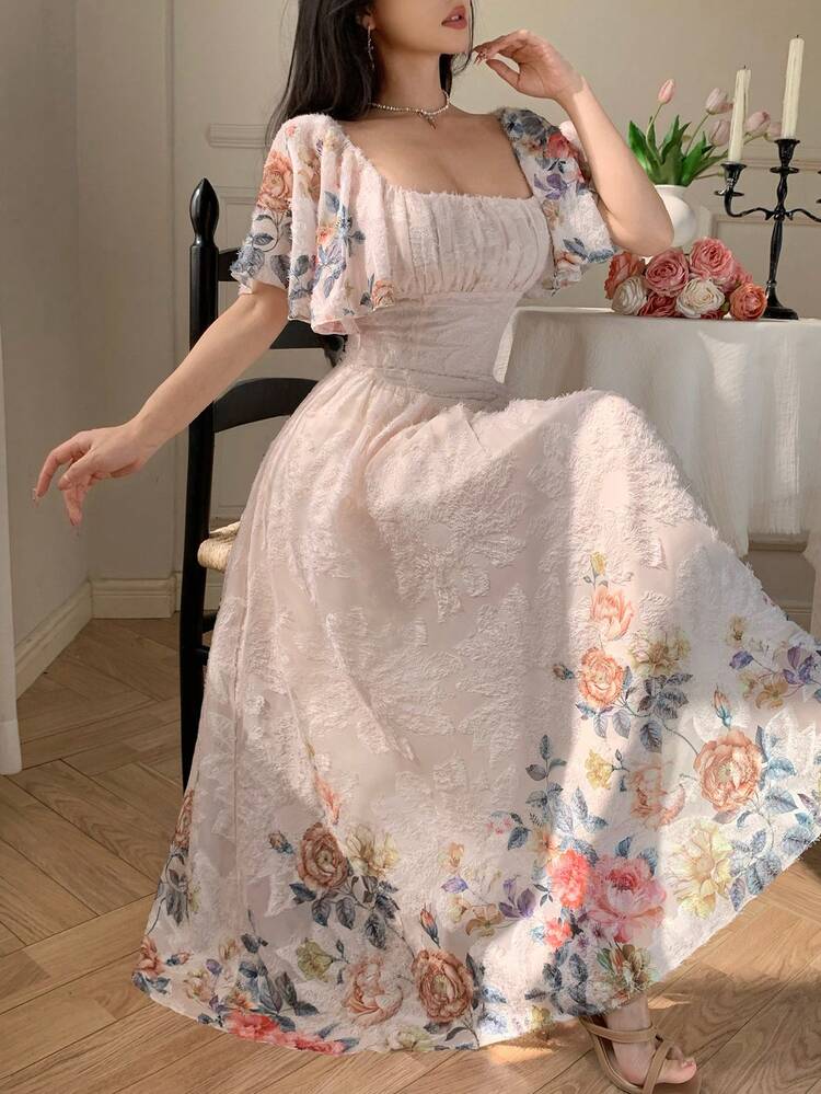 French Style Printed Vacation Dress, Waist Cinched Flared Skirt Princess Dress Sundress