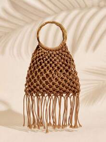 SHECARRY 女士手提包，时尚、优雅、简约、个性化、百搭、手工钩编、流苏，适合海滩、度假、假日、夏季、海边等场合。 - 淺棕 - 查看 1