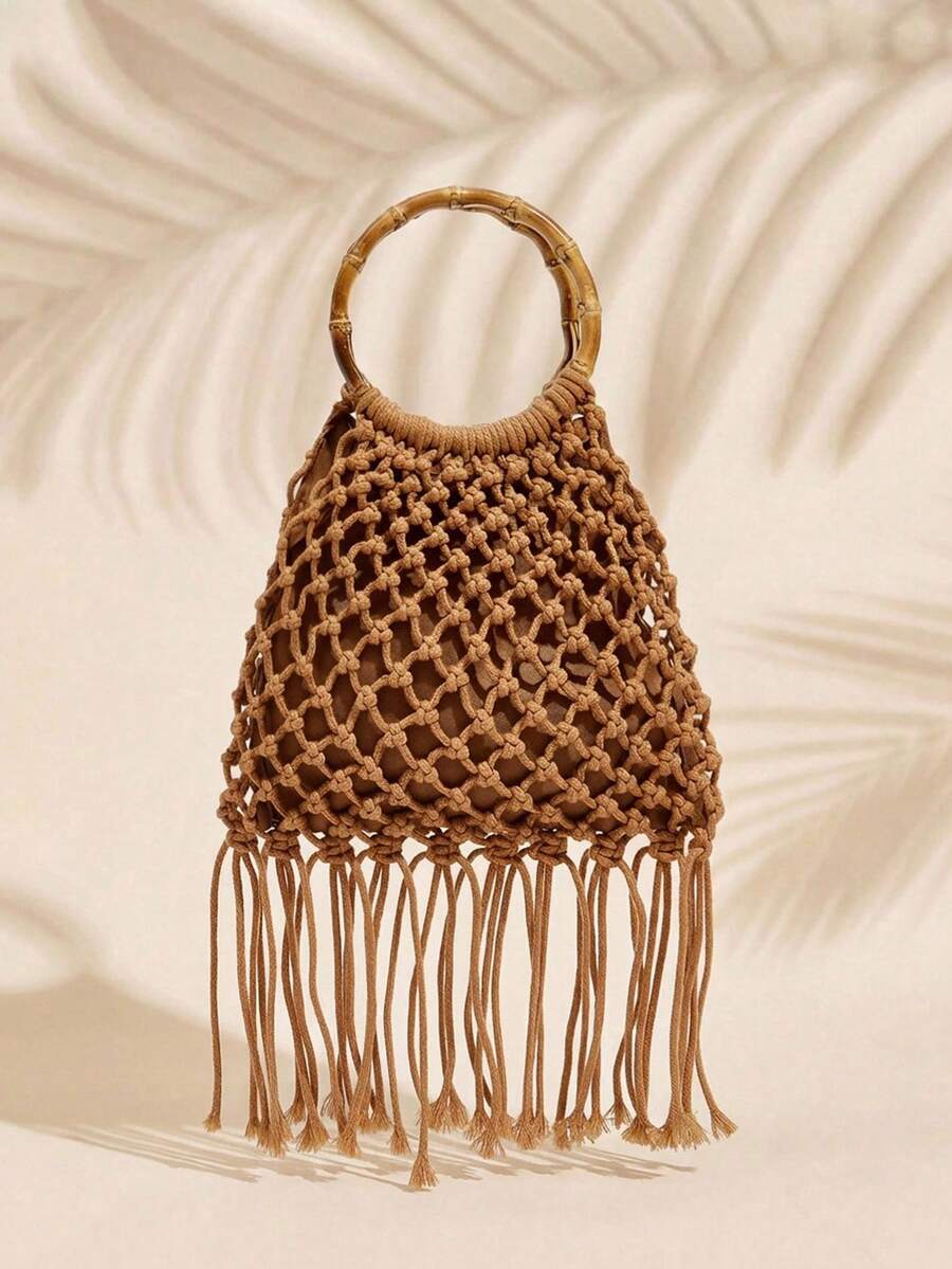 SHECARRY 女士手提包，时尚、优雅、简约、个性化、百搭、手工钩编、流苏，适合海滩、度假、假日、夏季、海边等场合。 - 淺棕 - 查看 1