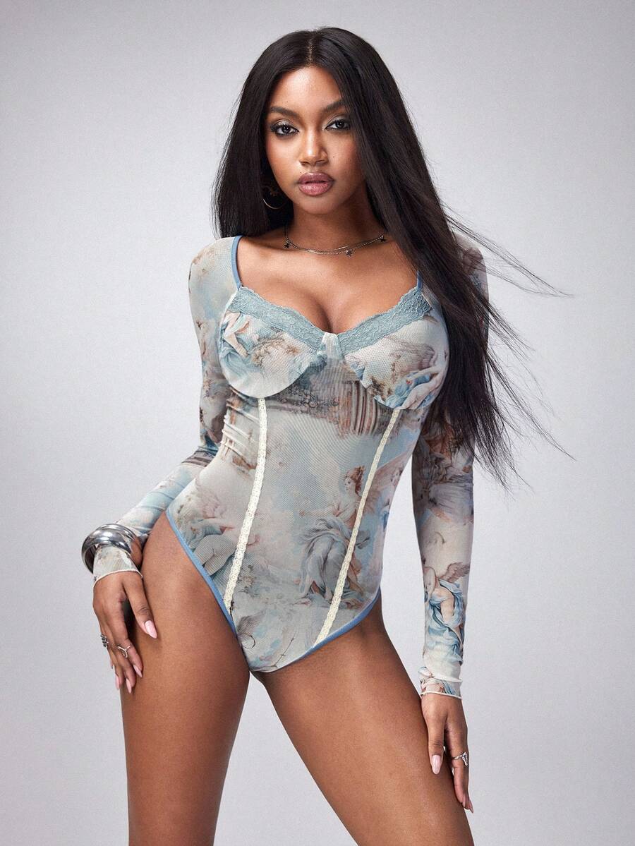 Y2Kool cha5rlie 女士法式复古性感修身长袖蕾丝拼接高腰文艺复兴印花网纱连体衣，夏季轻盈透气百搭款式 - 彩色 - 查看 1