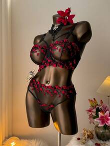 Auralis 2 件套加大码浪漫花卉印花性感文胸和内裤内衣套装，提拉 - 黑色 - 查看 3