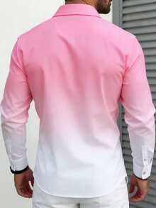 Manfinity Mode Men's Casual Gradient Front Button Long Sleeve Shirt, Autumn - Baby Pink - View 2
