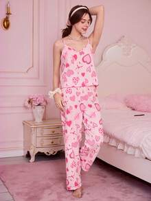 3pcs/Set Women's Romantic Heart Print Camisole Top, Shorts And Pants Pajama Set, Spring/Summer - Baby Pink - View 10