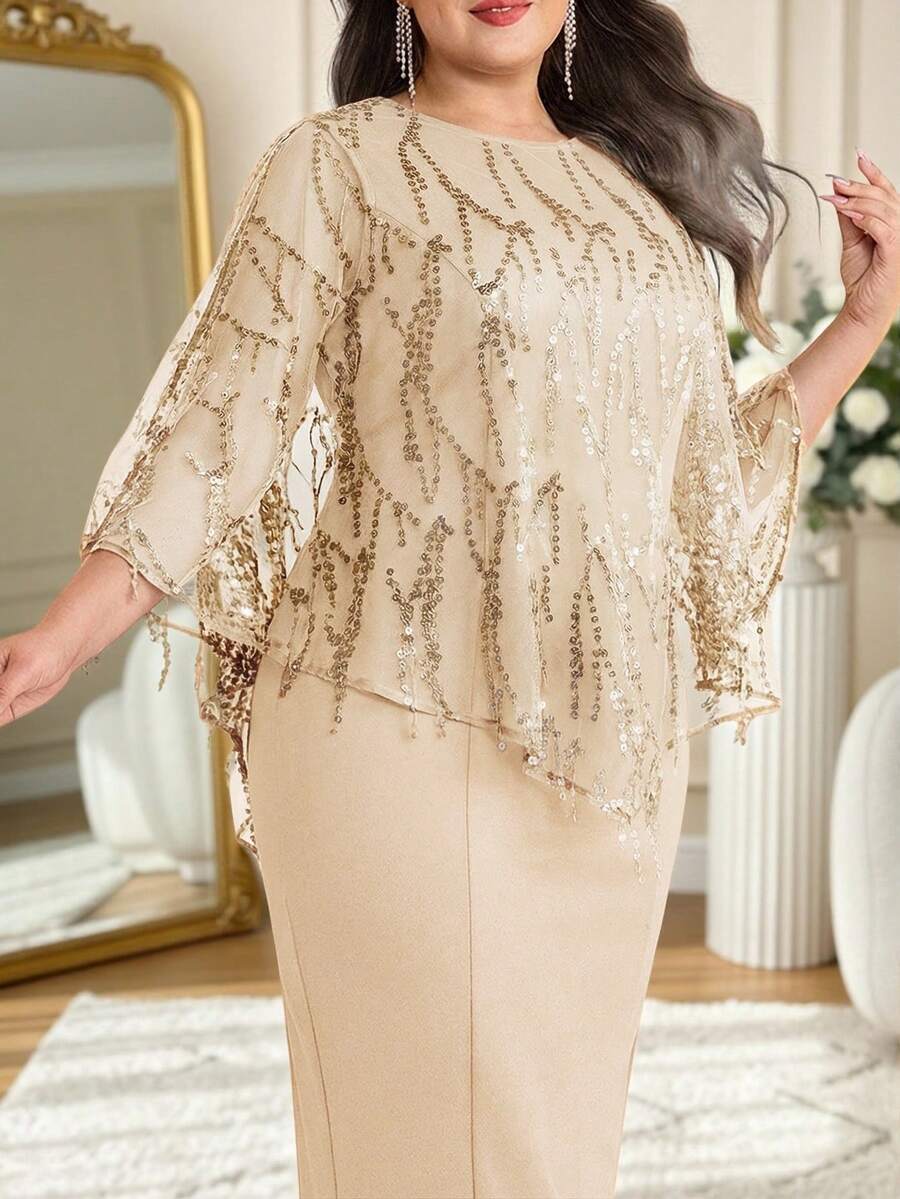 Modelyn 大码女士优雅纯色亮片流苏装饰薄纱罩衫修身连衣裙两件套 - 杏色 - 查看 1