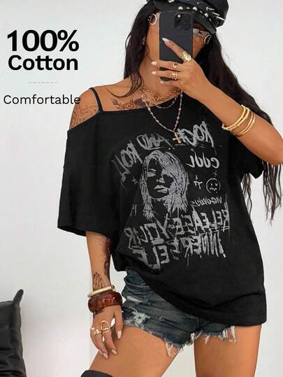 Coolane 女士加大码夏季日常穿搭 Y2K 嘻哈复古街头风针织数字星形图案弹力舒适不对称领海军蓝宽松短袖套头T恤，适合音乐节和露肩上衣