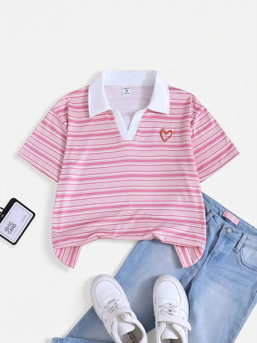 Casuvi Kids 1pc Girls' Sweet & Fresh Striped Polo Collar Short Sleeve T-Shirt (Heart Embroidery On Chest), Regular Thickness, Casual, Summer - Pink - View 1