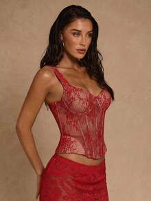 SHEIN Glamour Áo hai dây ren xuyên thấu cổ tim ôm sát gợi cảm màu đỏ cho nữ, áo lưới đỏ, áo ren xuyên thấu màu đỏ, áo ren đỏ. - Đỏ - Xem 6