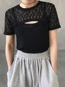 FRIFUL Women's Round Neck Lace Fabric Hollow Out Cropped Sheer Top - Black - View 5