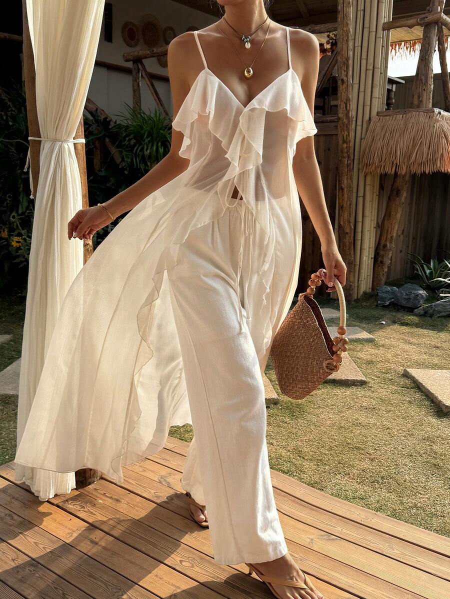 Livesso Spring & Summer Mid-Length Cardigan, White Spaghetti Strap Dress, Casual Vacation Beach Chiffon Blouse With Ruffle Hem, Elegant Office Wear Sleeveless Tank Top For Women - White - View 1