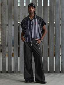 NEON BLANC Men's Solid Color Front Button Slant Pocket Casual Jeans - Black - View 2