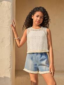 女童休闲度假针织修身吊带背心，夏季细肩带上衣，柔软修身，时尚设计，适合度假、旅行、校园和日常穿着 - 白色 - 查看 5