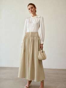 MOTF PREMIUM 女士卡其色褶裥长裙，蓬松裙摆 - 綠色 - 查看 5