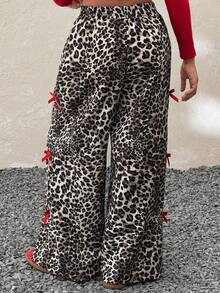 Tween Girls' Casual Fashionable Street Style Leopard Print Colorblock Bow Decor Loose Wide Leg Pants For Daily Wear - Coffee Brown - View 4