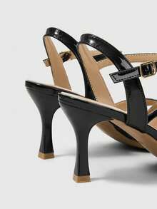 Sleekvia Women Shoes Classic Fashion Simple Burgundy Patent Leather Stiletto High-Heeled Sandals, Strap Combination Commuting Versatile Half-Drag High-Heeled Shoes Sexy And Elegant Wear - Black - View 3