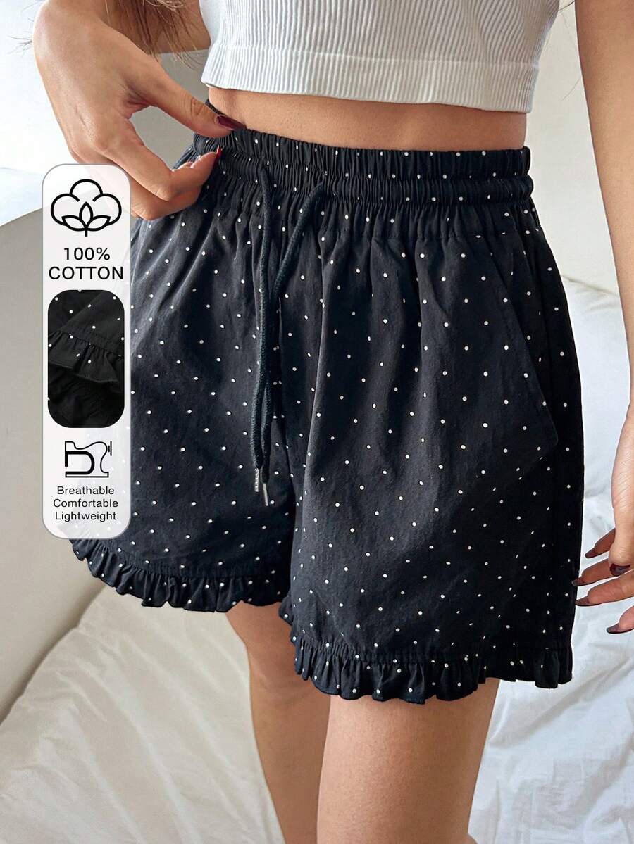 DAZY Polka Dot Print Ruffle Hem Short Women Pajama Bottoms - Black - View 1