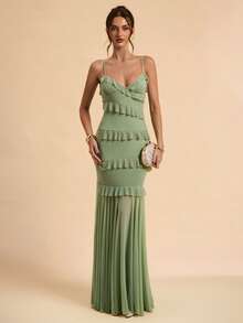 SHEIN BAE Đầm không tay màu xanh lá cây nhạt, xanh pistachio, dáng ôm, viền bèo nhún, lớp vải lưới thanh lịch, phù hợp cho mùa xuân/hè, dành cho nữ, đi học, tốt nghiệp, màu trắng tinh khiết, trang phục dự tiệc cưới, đầm thanh lịch tối giản gợi cảm, đầm duyên dáng, trang phục dự tiệc cưới, đi nghỉ mát & hẹn hò. - màu xanh lá - Xem 3