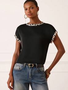 Lilora Women's Black Summer Elegent Smart Office Round Neck Satin Leopard Print Patchwork Blouse,High-End Fashionable Short Sleeve Versatile Tops For Women - Black - View 6