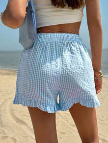 Jouncy Women's Plaid Print Drawstring Waist Ruffle Hem Casual Shorts - Multicolor - View 2