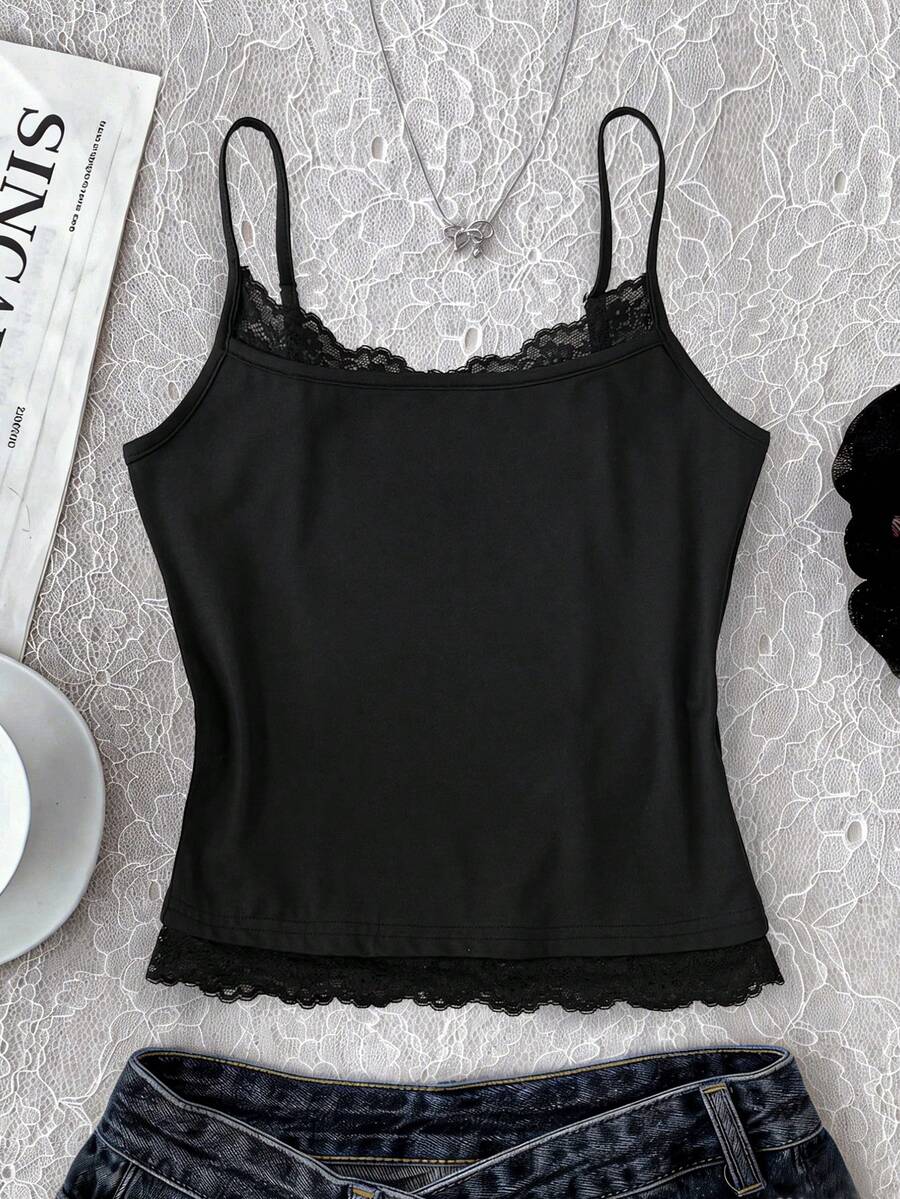 少女休闲日常通勤简约纯黑色蕾丝修身短款吊带背心，夏季度假 - 黑色 - 查看 1