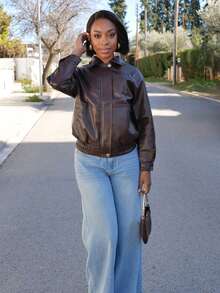 Yess Loren Damen Einfarbige Lange Ärmel Reißverschluss Vorne PU Leder Lässige Jacke, Herbst Frauenkleidung - Kaffeebraun - Übersicht 3