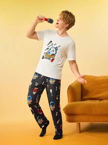 Bộ đồ mặc nhà thường ngày dành cho nam, gồm áo tay ngắn cổ tròn in chữ và hình tai nghe, gồm áo và quần. - Nhiều màu - Xem 1