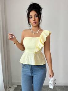 Elenzga Áo kiểu nữ thanh lịch, giản dị, màu trơn, viền bèo nhún, phong cách tối giản, phù hợp cho các buổi hẹn hò, tiệc sinh nhật, đám cưới, các sự kiện tựu trường, trang phục nữ mới. - Màu vàng ngỗng - Xem 7