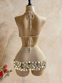 Soleia 女士不对称下摆亮片钩编吊带上衣，适合夏季度假 - 杏色 - 查看 2