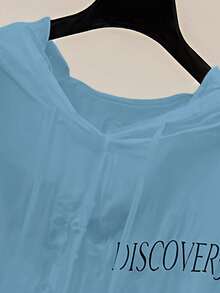 Airaco 女士标语印花长袖宽松休闲连帽衫 - 藍色 - 查看 5