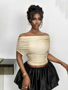 Xyvia 时尚女士褶皱露肩短款上衣，杏色，适合日常穿着、婚礼、晚宴、通勤、毕业派对、节日、假期、约会、聚会、万圣节、圣诞节、新年、感恩节、婚礼等场合。 - 杏色 - 查看 8