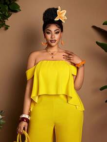 Maweii Plus Size Women's Casual Bohemian Style Vacation Solid Color Off-Shoulder Loose Wide Leg Jumpsuit, Spring/Summer - Yellow - View 1