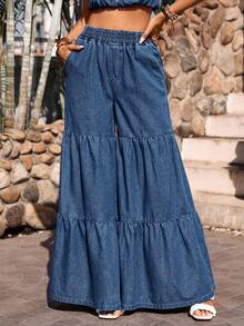 Breezaya Solid Color Pleated Loose Elastic Waist Casual Jeans With Pockets - Dark Wash - View 4