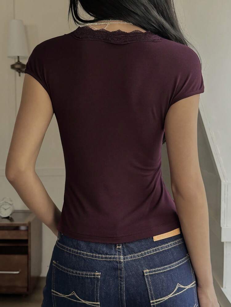 Women's Lace Patchwork Solid Color V-Neck Slim Fit Short Sleeve T-Shirt, Summer Crop Tops Women