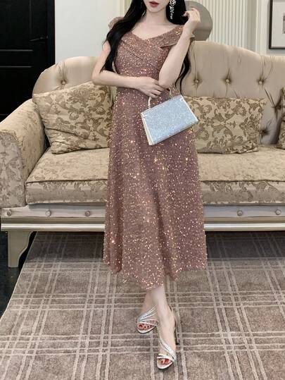 DAZY 女士魅力优雅派对亮片露肩收腰连衣裙