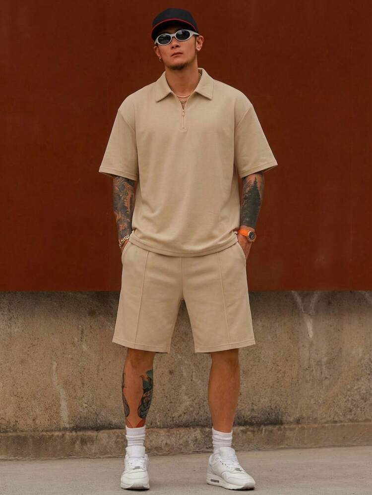 Solid Color Khaki Polo Shirt And Shorts Set For Men, Summer