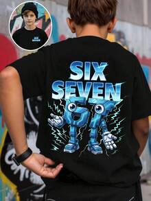 SHEIN 春夏休闲时尚创意个性清新简约数字67机械闪电标语印花基础款短袖T恤，舒适日常穿着，温暖的夏秋款式，适合春、夏、秋季穿着，男童款 - 黑色 - 查看 8