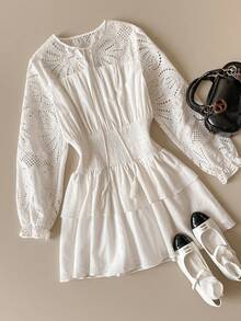 Muvela New Spring/Summer White Collar Tie Bow Hollow Embroidered Patchwork Layered Ruffle Waist Cinched Design Women Dress - White - View 6