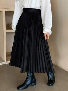 DAZY Tween Girl Solid Color Pleated A-Line Skirt For Back To School, Autumn - Black - View 4