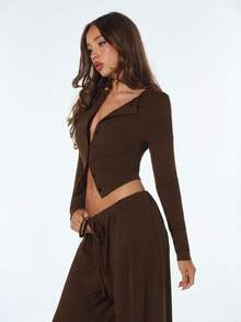 SHEIN ICON Women's Brown Casual Going Out Solid Color Front Button Fitted Casual Long Sleeve Top, Spring To Summer - Brown - View 5