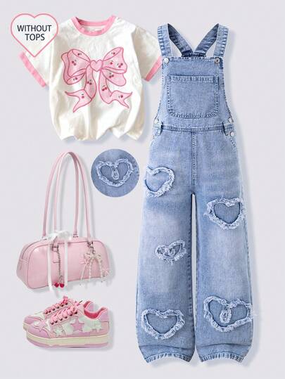 Tween Girls' Denim Bib Pants And Jumpsuit, Cute And Sweet Casual Fashion Recommended! Classic Washed Blue Denim Comfortable Fabric, Side Button Opening Design For Easy Wear, Wide-Leg Style Flatters The Legs. Front Pocket + Heart-Shaped Embroidery Design, Sweet And Eye-Catching, Suitable For Daily Outings, Campus Casual, Weekend Trips, Back To School Season, Vacations, Etc. Making Every Day Of The Child Fashionable And Energetic!