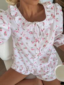 DAZY Conjunto de pijama de mujer con volantes en el bajo y estampado floral diminuto de verano - Blanco - Ver 11