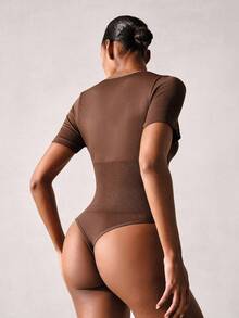 Veilyse 1pc Women's Solid Color Shapewear Bodysuit, Tummy Control Slimming Bodysuit, Tummy Control Bodysuitsfor Summer - Brown - View 2