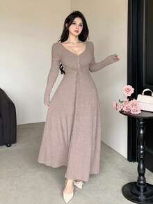 DAZY 女士优雅纯色V领扭结中长连衣裙，秋季吊带裙 - 淺粉色 - 查看 4