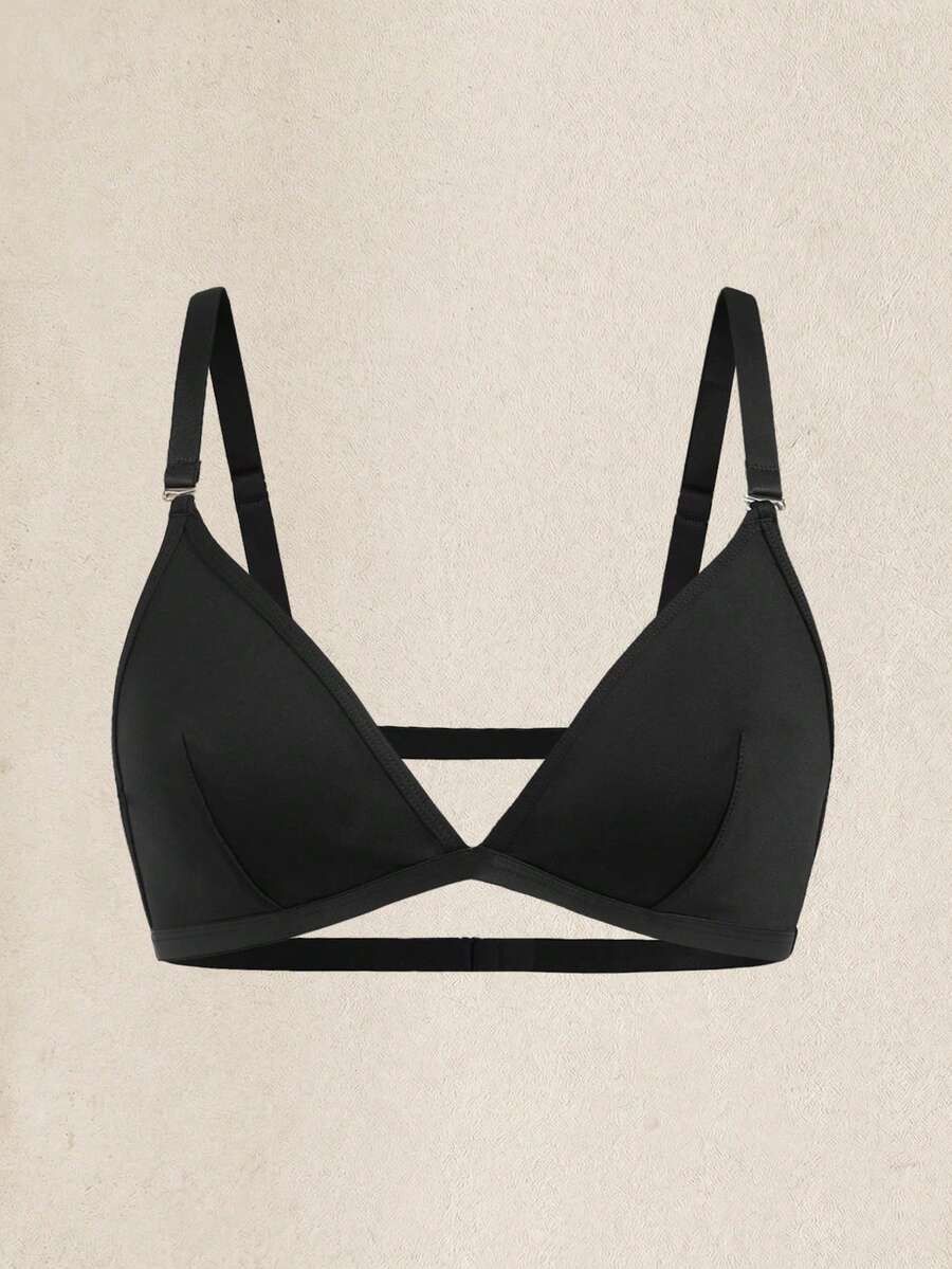 Black Deep V Bra, Wireless Adjustable Strap Triangle Cup Bra, Women Lingerie - Black - View 1