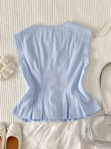 Comfortcana 女士夏季休闲通勤简约纯色V领荷叶边下摆腰部衬衫 - 藍色 - 查看 2