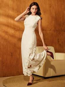 Anewsta Đầm không tay ôm dáng thanh lịch, khoét rỗng, thêu họa tiết dành cho nữ, thích hợp cho các dịp trang trọng, tiệc tùng, đi làm, tốt nghiệp, đám cưới, màu đỏ. - Màu be - Xem 4